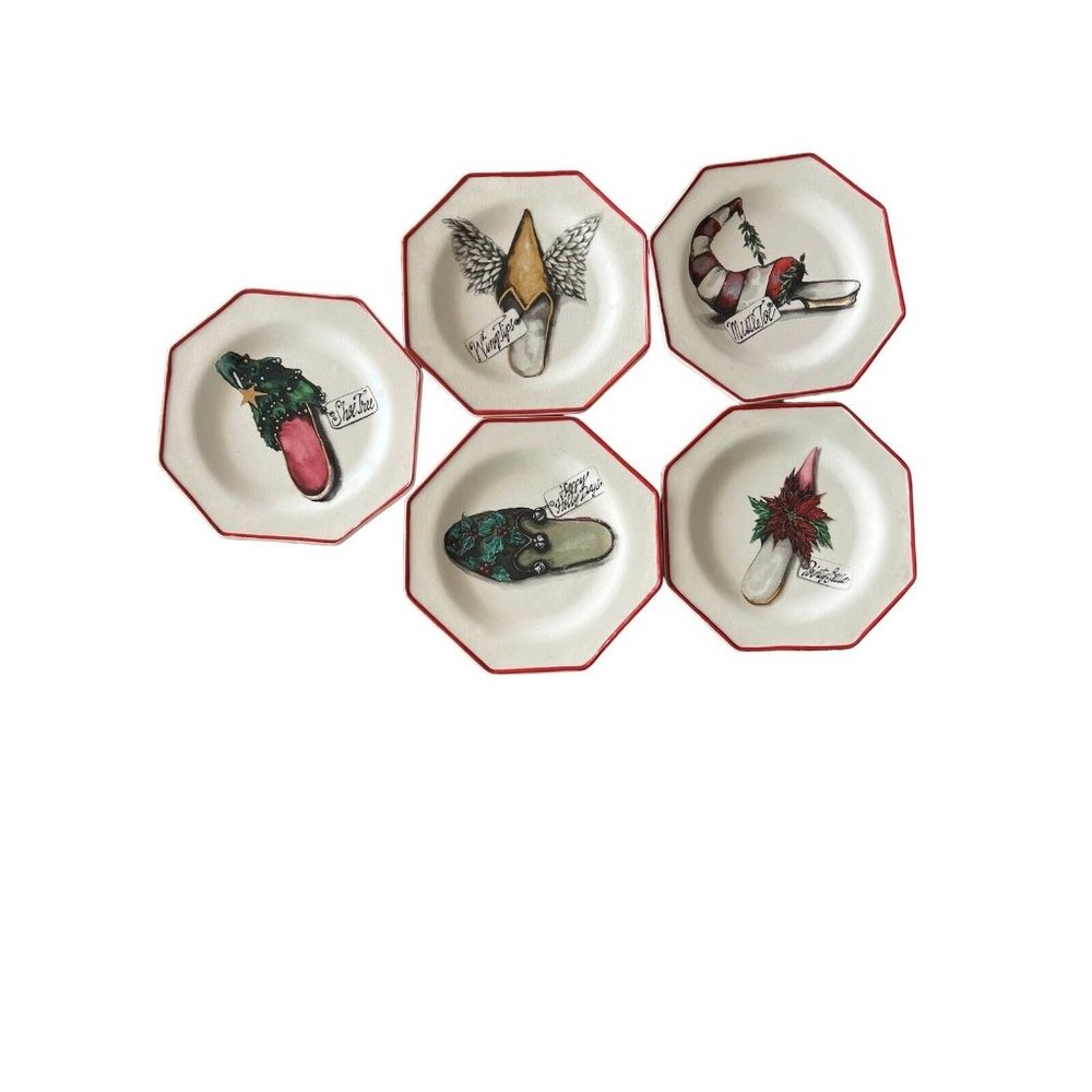 Holiday Lane 2004 Dessert Plates Set of 5 Christmas Shoes Octagon Shape